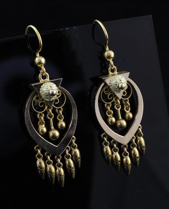 A stylish pair of Victorian style two colour gold drop earrings, overall 2in.